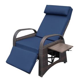 Outdoor Wicker Recliner with Flip Table;  Adjustable Push Back Rattan Reclining Lounge Chair with Footrest (Color: Navy Blue)